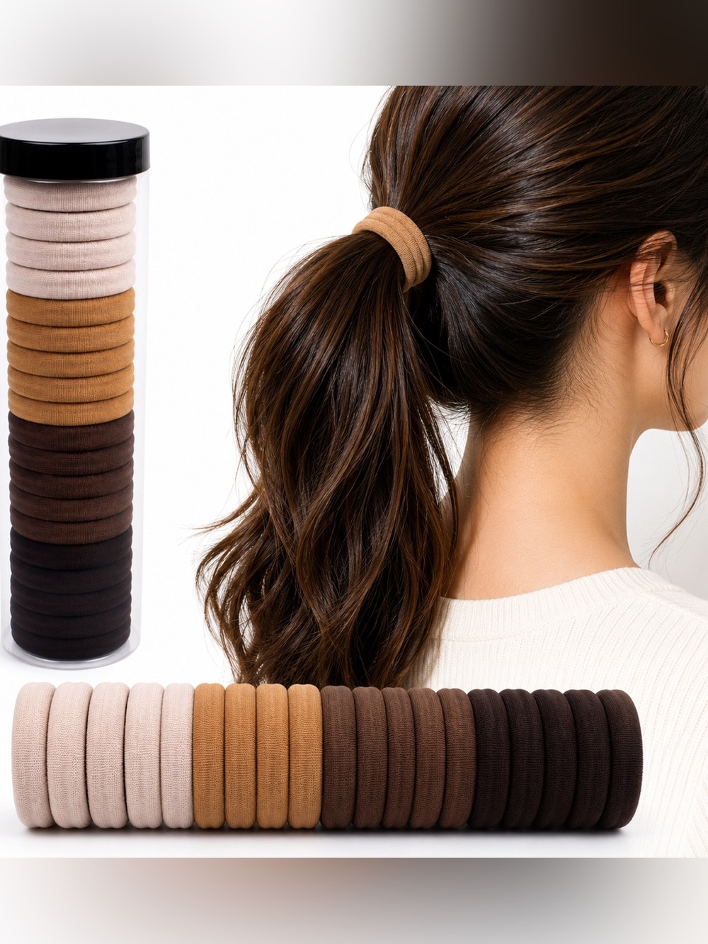 Neutral Elastic Hair Tie Stack - Brown, Tan & Cream